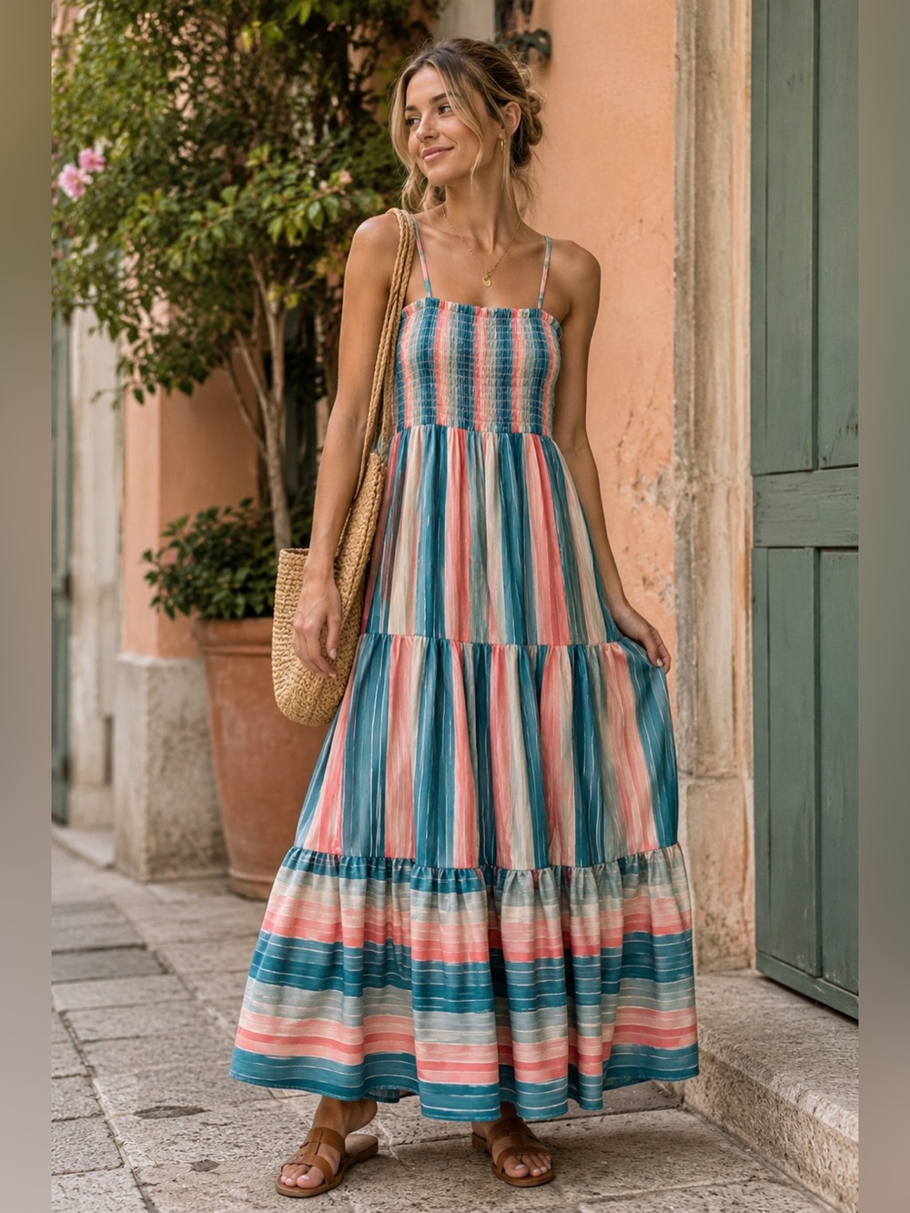 Pink Lily Smocked Tiered Maxi Dress Teal Coral Stripe Vacation Size Small